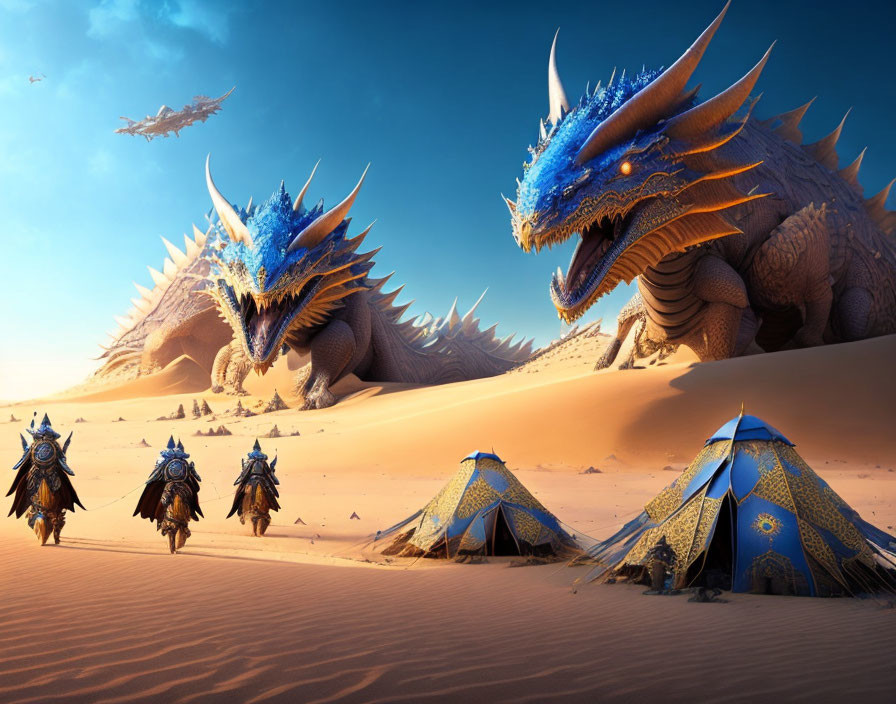 Majestic dragons near desert camp with approaching riders and flying creatures.