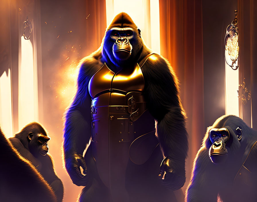 Golden-lit room with three gorillas, one in armor.