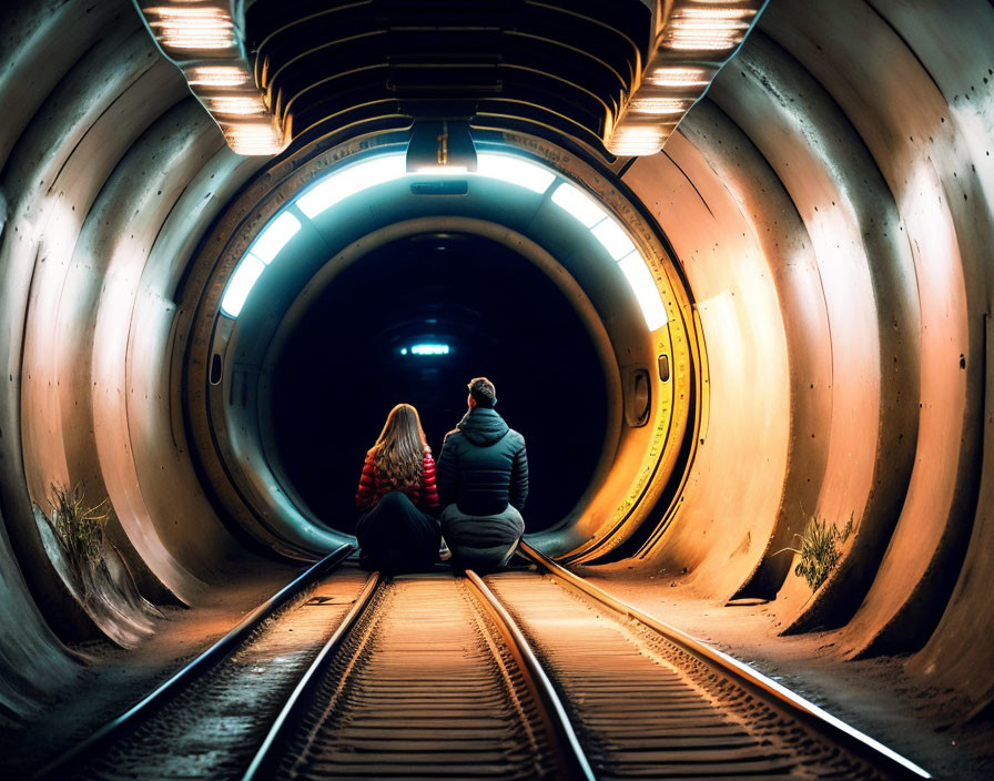 Couple sitting on train tracks in illuminated circular tunnel