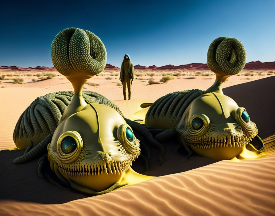 Surreal desert scene with fish-like creatures and cloaked figure