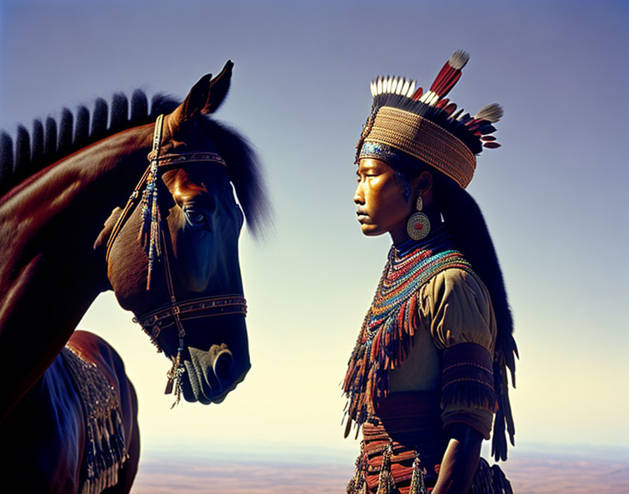 Native American person in headdress with horse against blue sky.