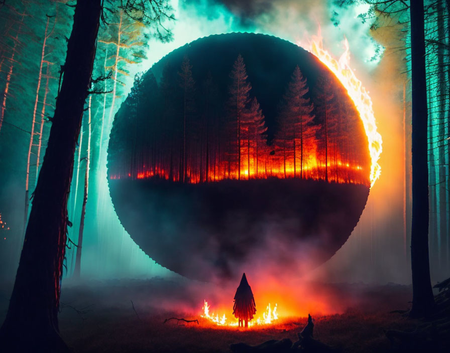 Surreal forest scene with fiery circular portal and hooded figure