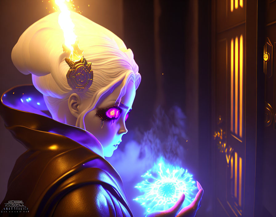 White-Haired Female Character with Blue Eye and Flame Holding Energy Orb by Golden Door