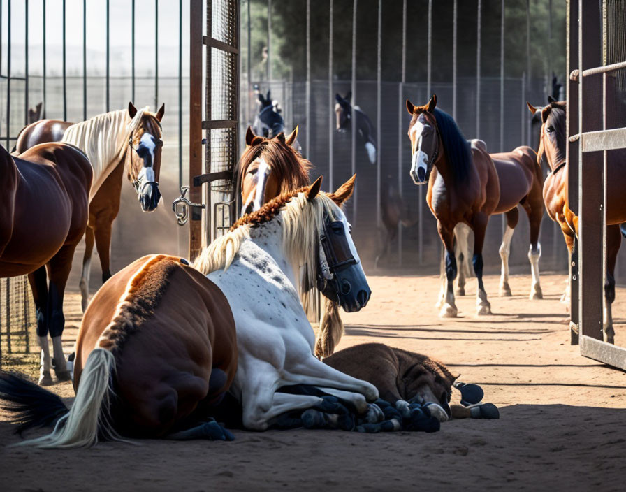 Group of horses with different coat colors in sunlight