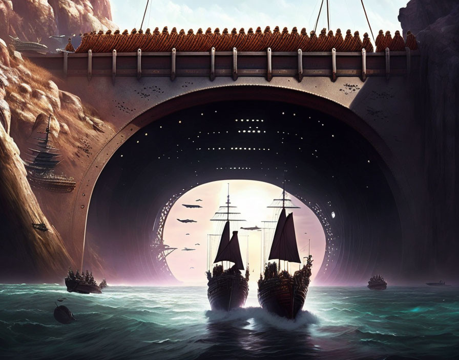 Sailing ships pass through tunnel under ancient bridge into sunlit bay