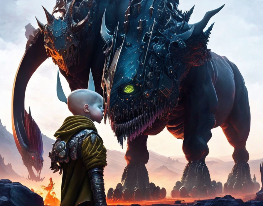 Bald character in futuristic armor confronts glowing-eyed black creature in dystopian setting