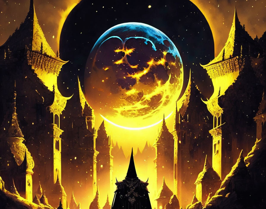 Fantasy scene: Moon behind castle spires, cloaked figure.