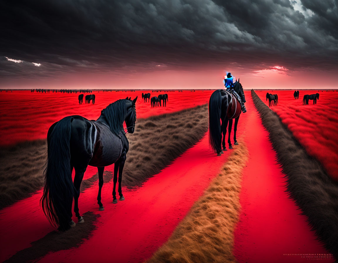 Surreal horseback rider on glowing red path in field under dramatic sky