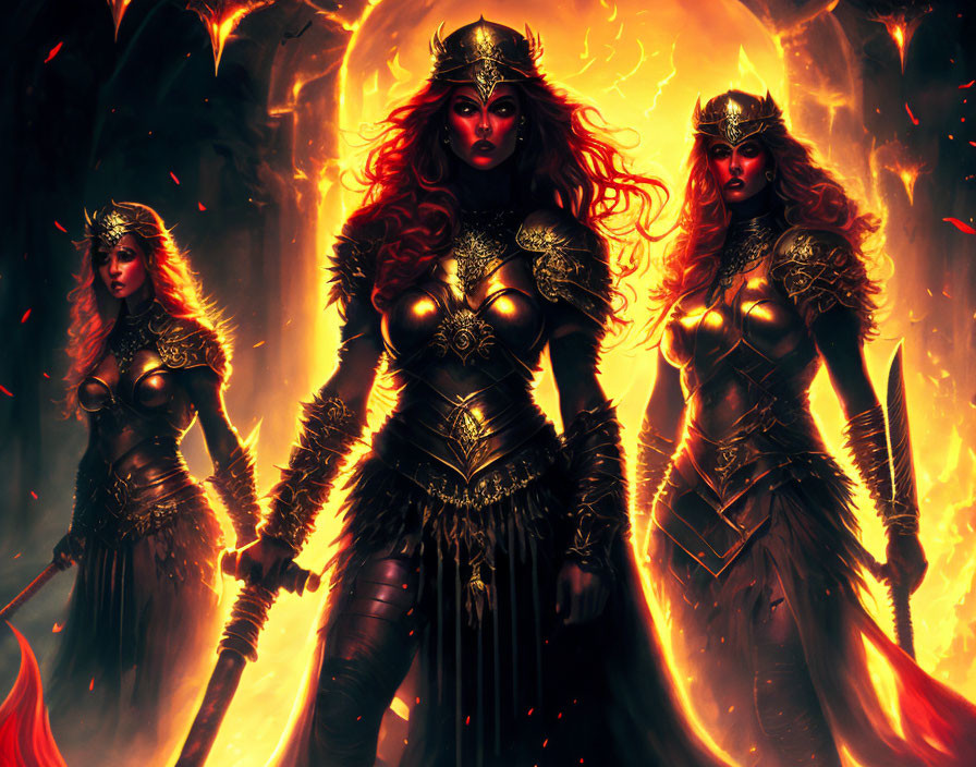 Three warrior women in ornate armor against fiery backdrop - fantasy aesthetic