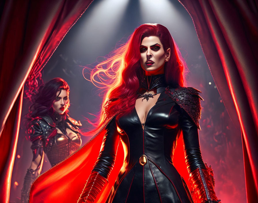 Stylized image: Woman with fiery red hair in black leather outfit against red curtain