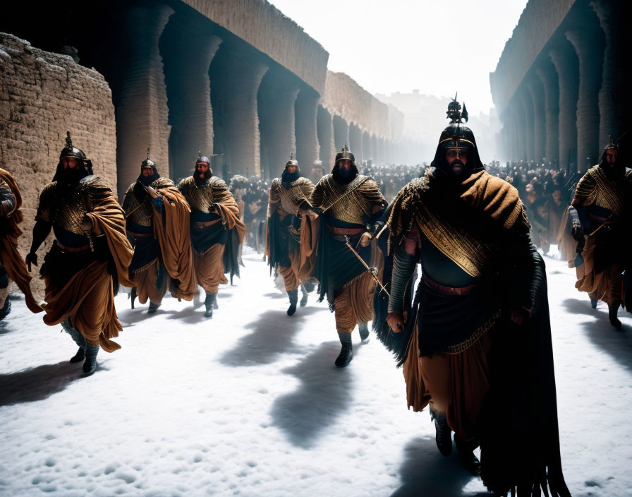 Group of actors in ancient warrior costumes marching in stone corridor