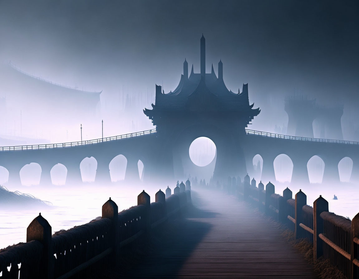 Traditional Asian archway in foggy landscape with bridge and silhouetted structures