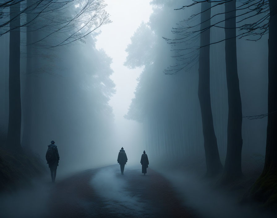 Misty forest path with three people walking