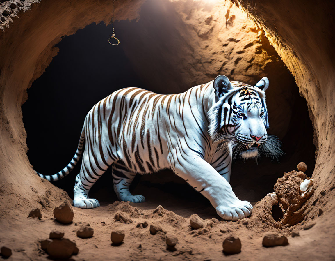 White Tiger with Black Stripes Emerging from Sandy Cave Under Illuminated Ring