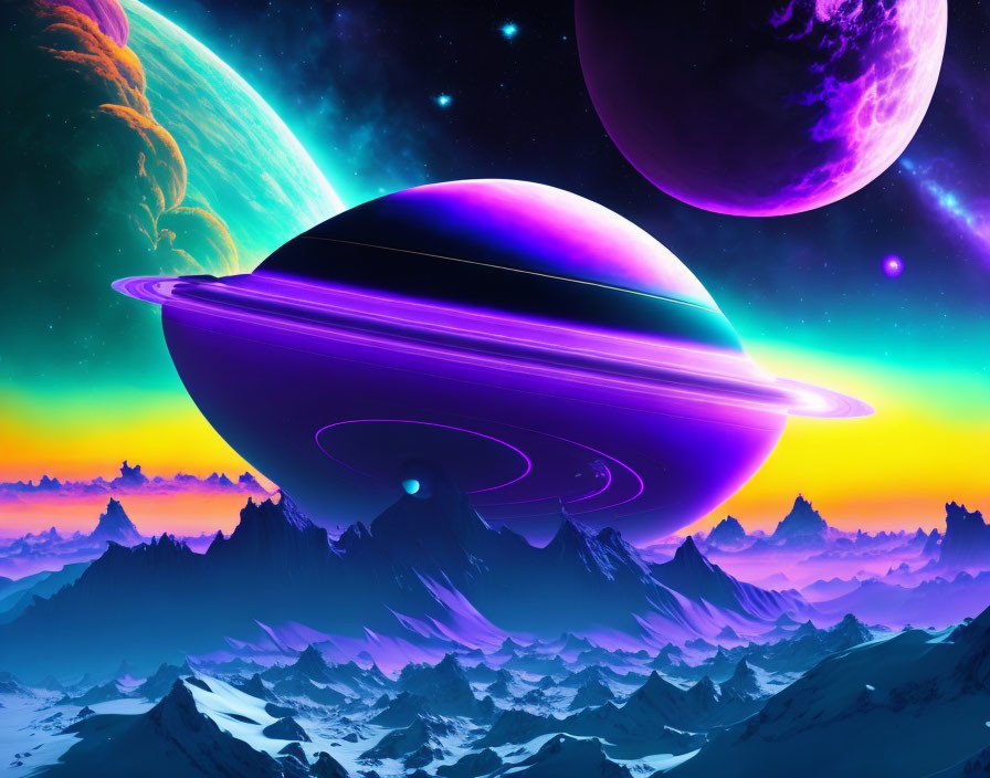 Surreal alien landscape with ringed planet and colorful nebulae