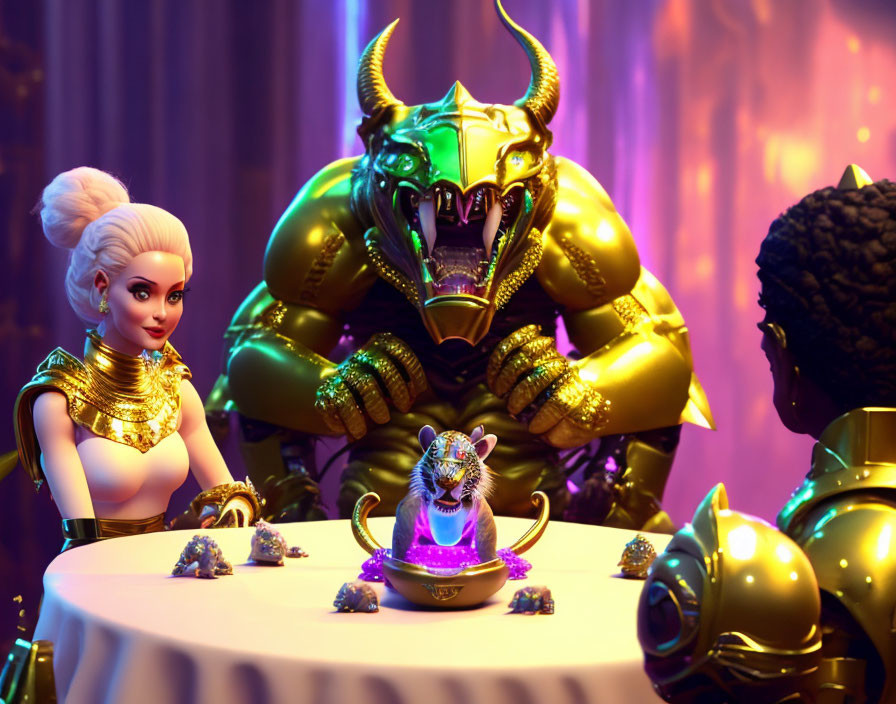 Stylized 3D render featuring armored figures, woman, and mystical creature.