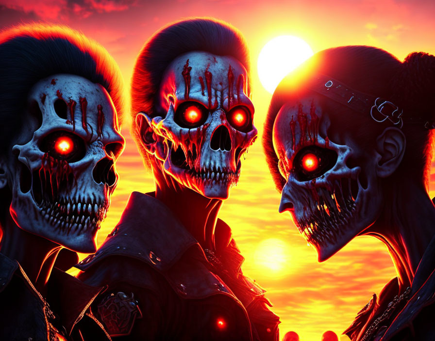 Sinister skull figures with glowing red eyes in dramatic red and orange sky