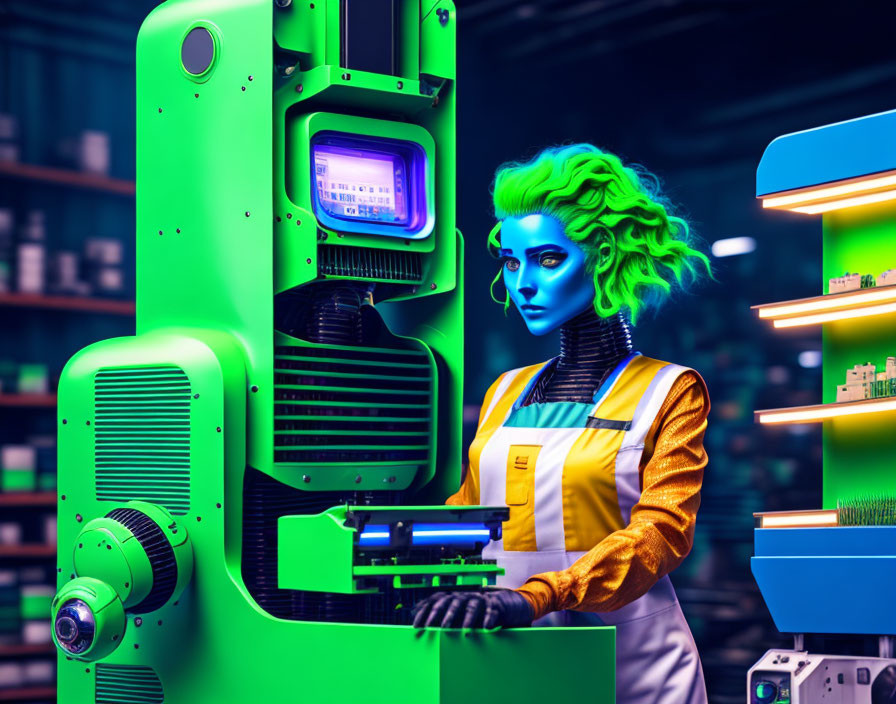 Blue-skinned person with neon green hair using futuristic machine in high-tech setting