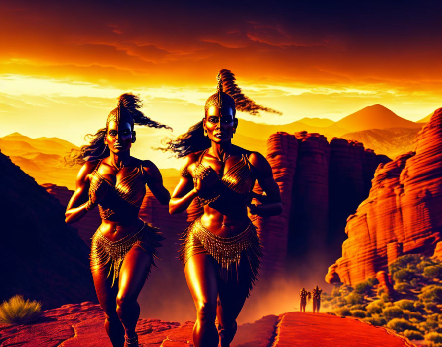 Stylized tribal figures in red-orange desert at sunset