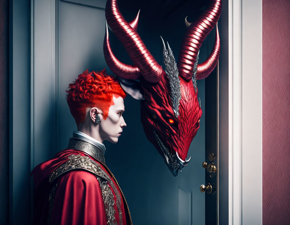 Red Dragon Masked Figure in Regal Attire by Dimly Lit Door