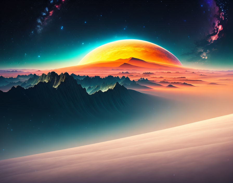 Surreal landscape with dramatic mountains and vibrant planet.