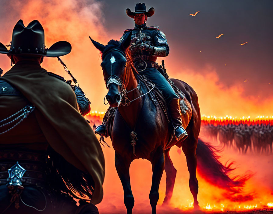 Cowboys on horseback in dramatic fire and smoke scene