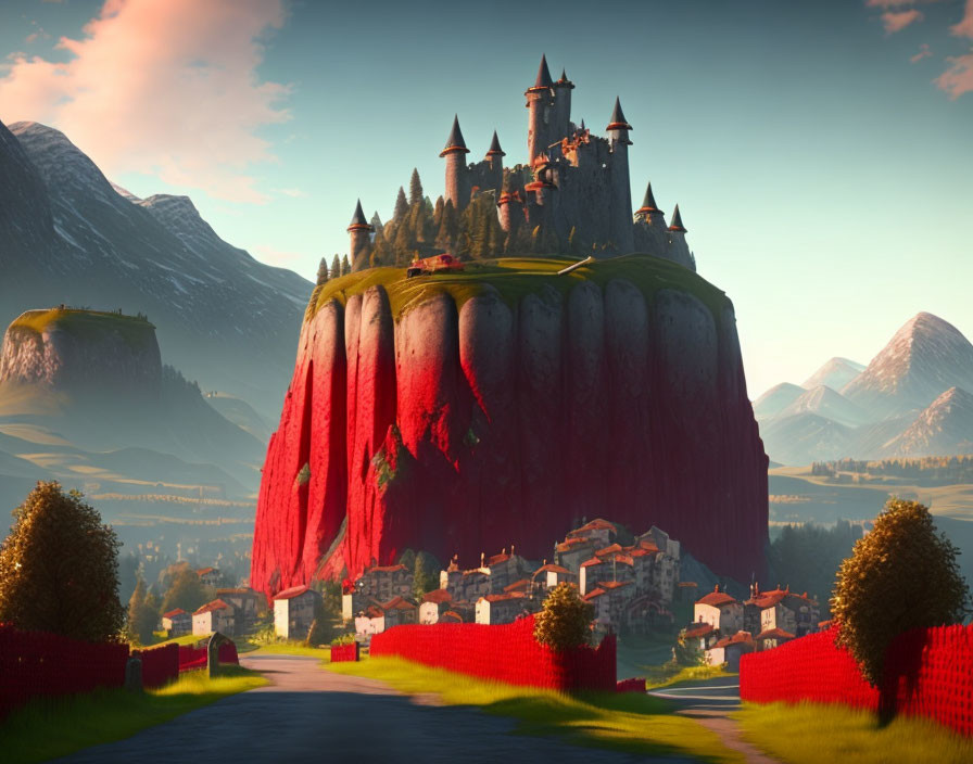 Majestic castle on red cliff above charming village and mountains.