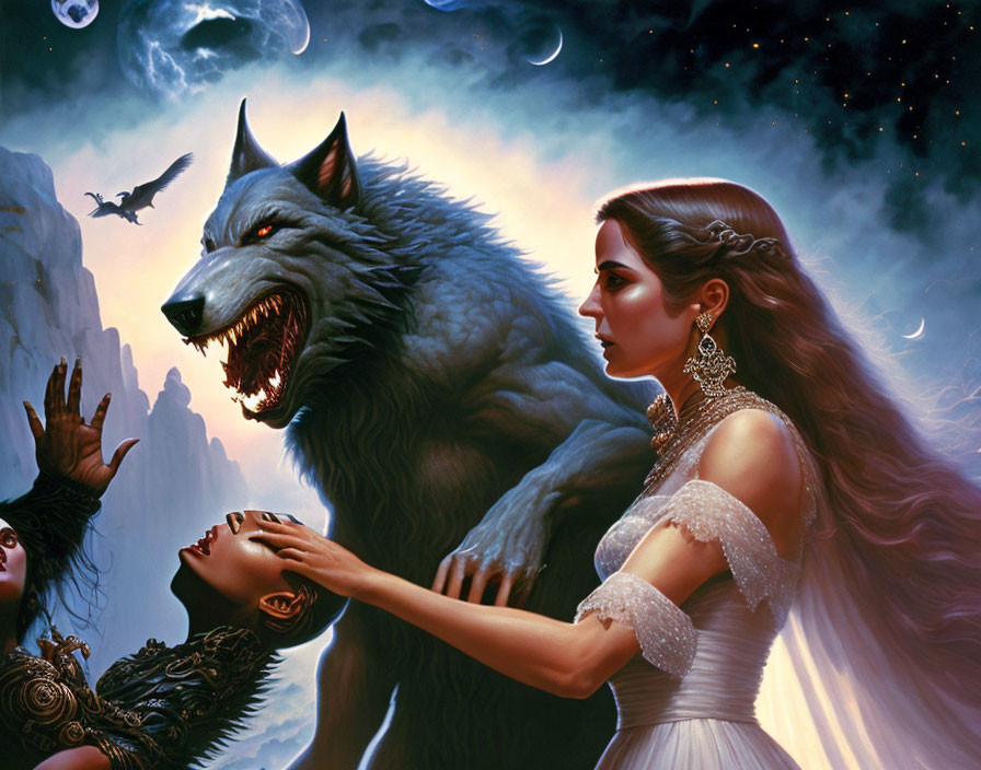 Fantastical scene with fierce wolf and woman in white dress surrounded by mystical elements