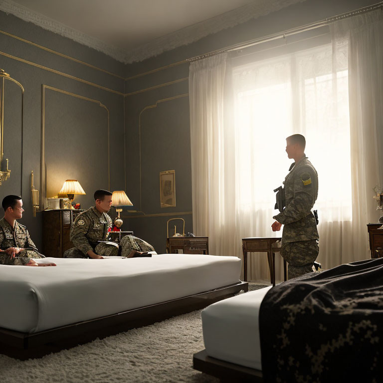 Three Military Personnel in Well-Furnished Room Conversing