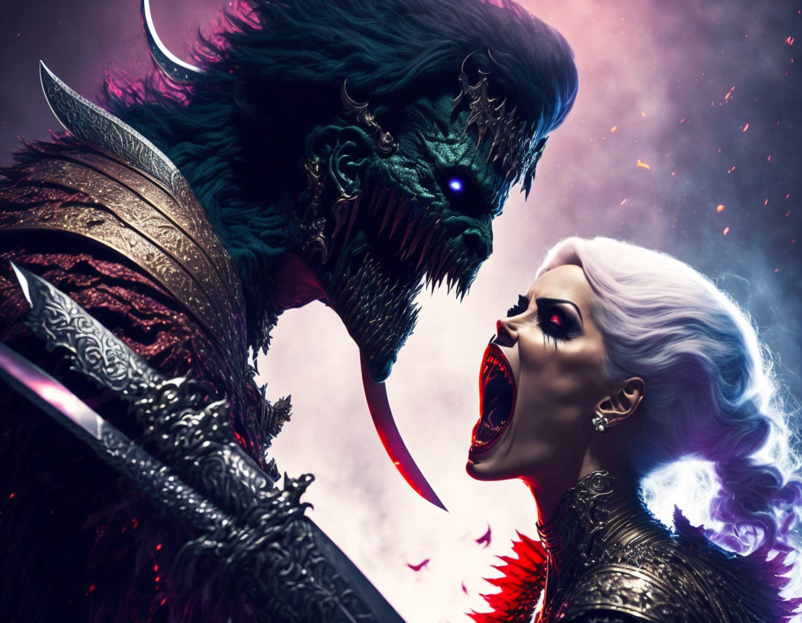 Fantasy scene: Snarling beast confronts fierce woman with white hair & glowing eyes