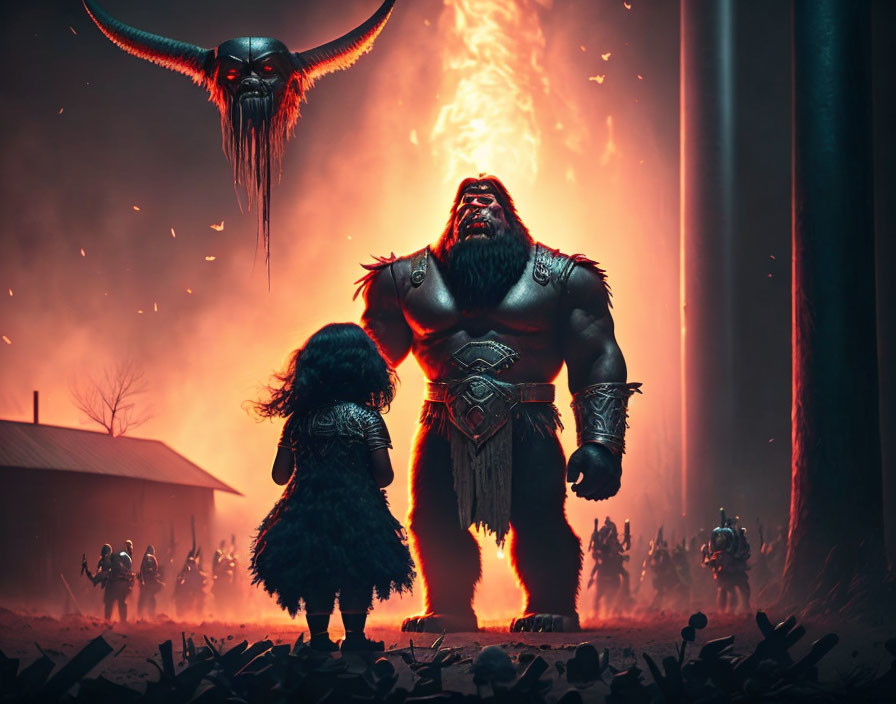 Fantasy artwork: Giant horned creature, warrior with hammer, child in fiery landscape.