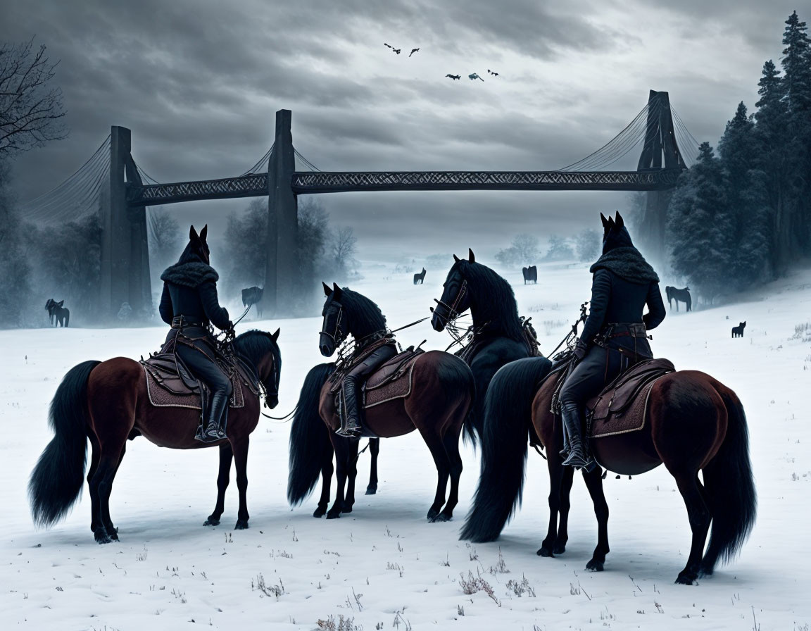 Three cloaked riders on horses in snowy landscape with bridge, wolves, and birds.