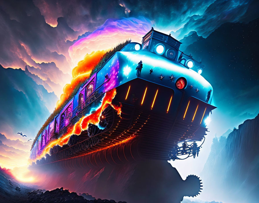 Fantastical flying train engulfed in flames and stardust above scenic landscape