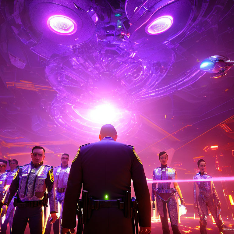 Futuristic officers under glowing alien spacecraft