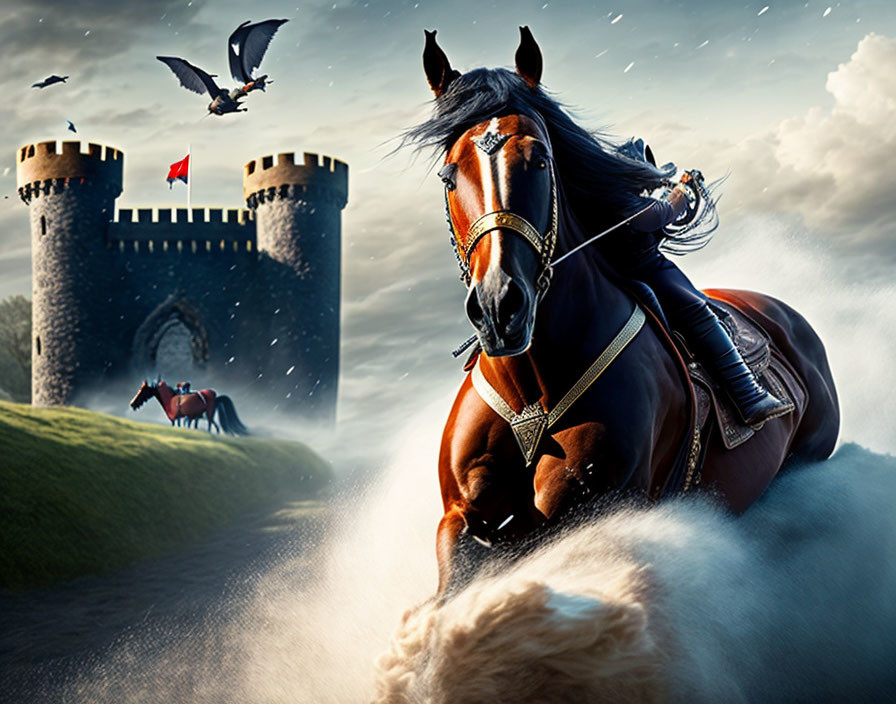 Medieval knight on horseback with castle, dragons, and stormy sky