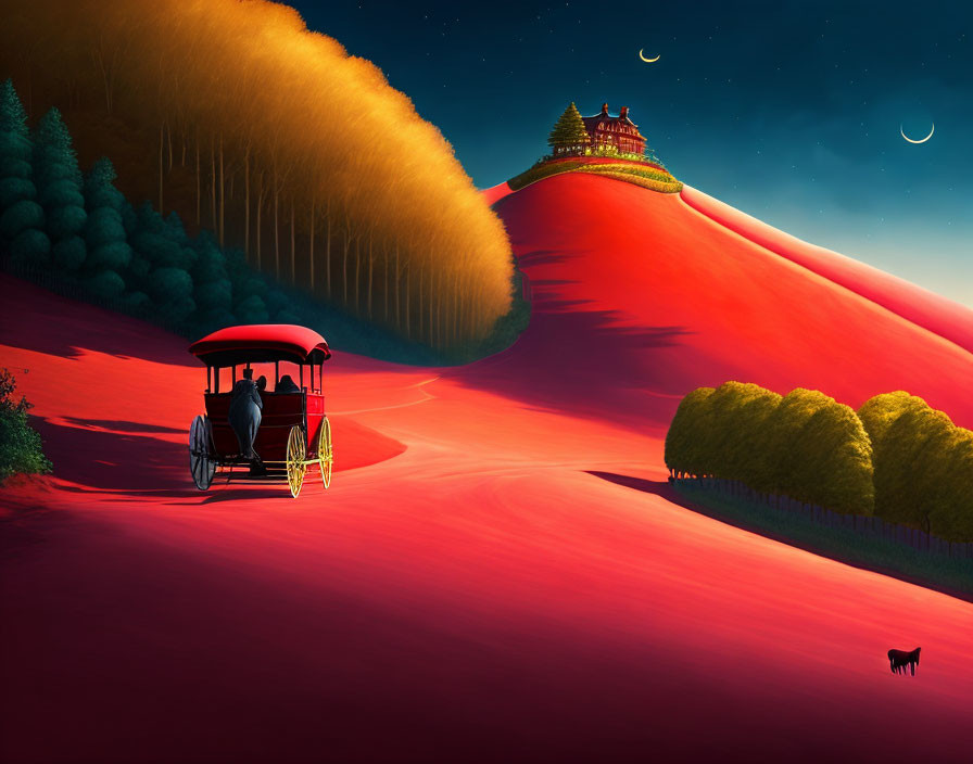 Stylized image of horse-drawn carriage on red path towards illuminated pagoda hill