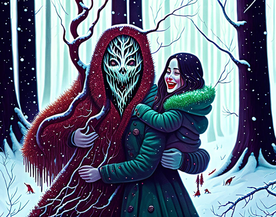 Woman embracing fantastical creature in snowy landscape