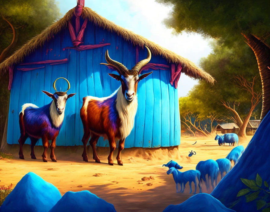 Colorful illustration: Two goats, blue hut, sheep, bicycle in pastoral setting