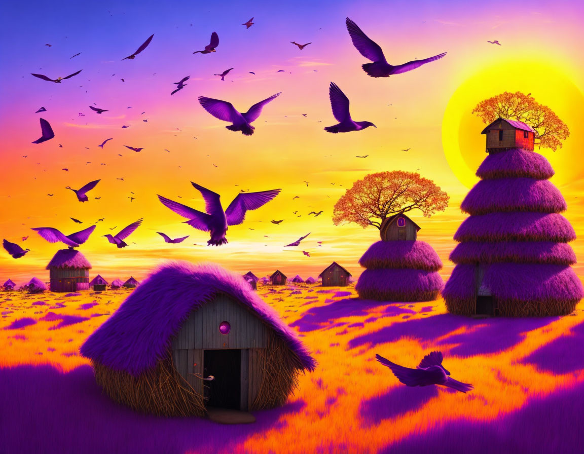 Colorful sunset over whimsical purple countryside with thatched buildings and flying birds