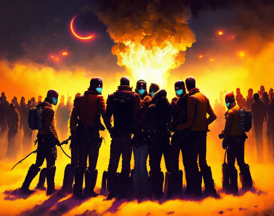 Astronauts in front of otherworldly explosion with silhouettes and crescent planet