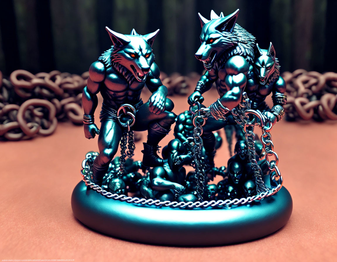 Metallic Blue Wolf Figurines on Circular Base Against Reddish-Brown Background