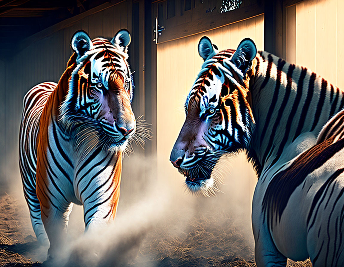 Two tigers in orange and black stripes face off in mist, one in shadow, one in sunlight