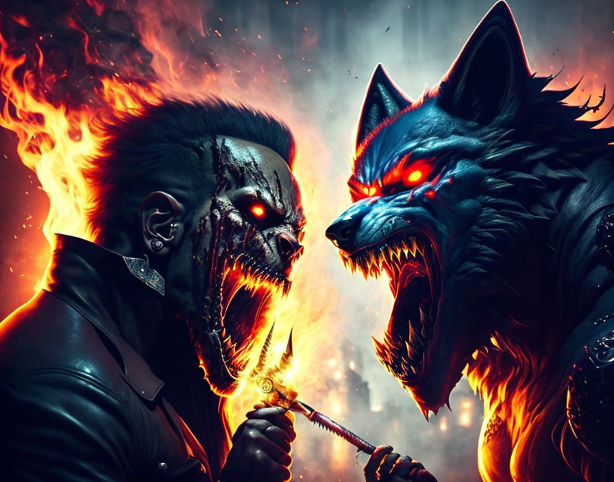 Glowing red-eyed humanoid creature and snarling blue-eyed wolf face-off in fiery scene