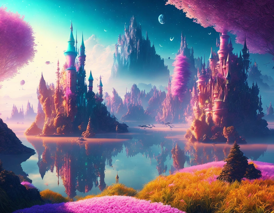 Majestic castles in vibrant fantasy landscape with purple flora and twilight sky