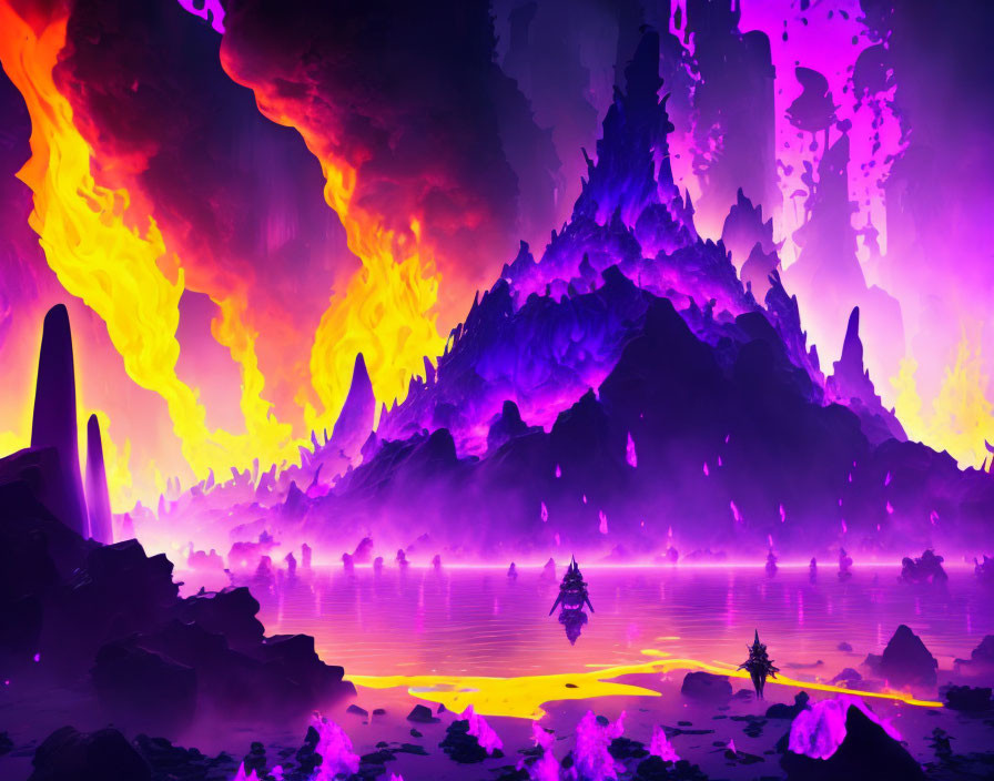 Surreal alien landscape with purple skies and flaming mountain