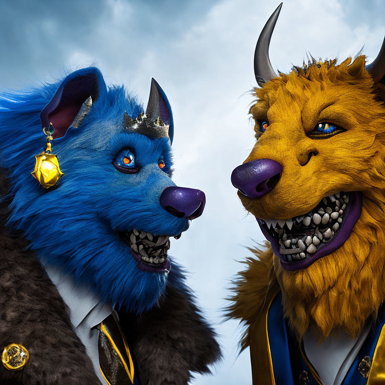 Anthropomorphic wolf-like creatures in blue and yellow with jewelry on cloudy sky backdrop