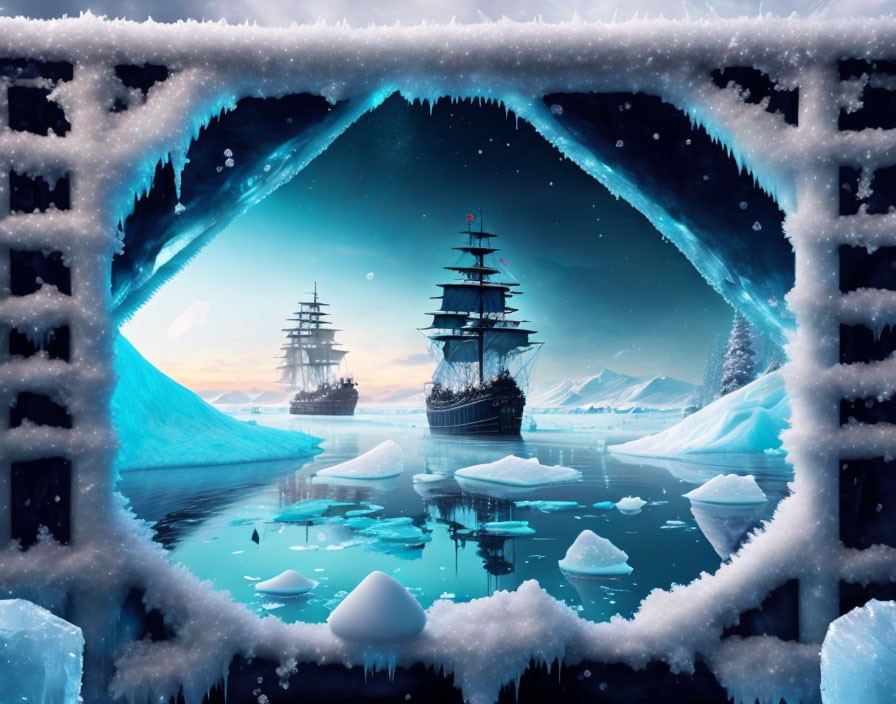 Sailing ships among icebergs in frost-framed twilight scene