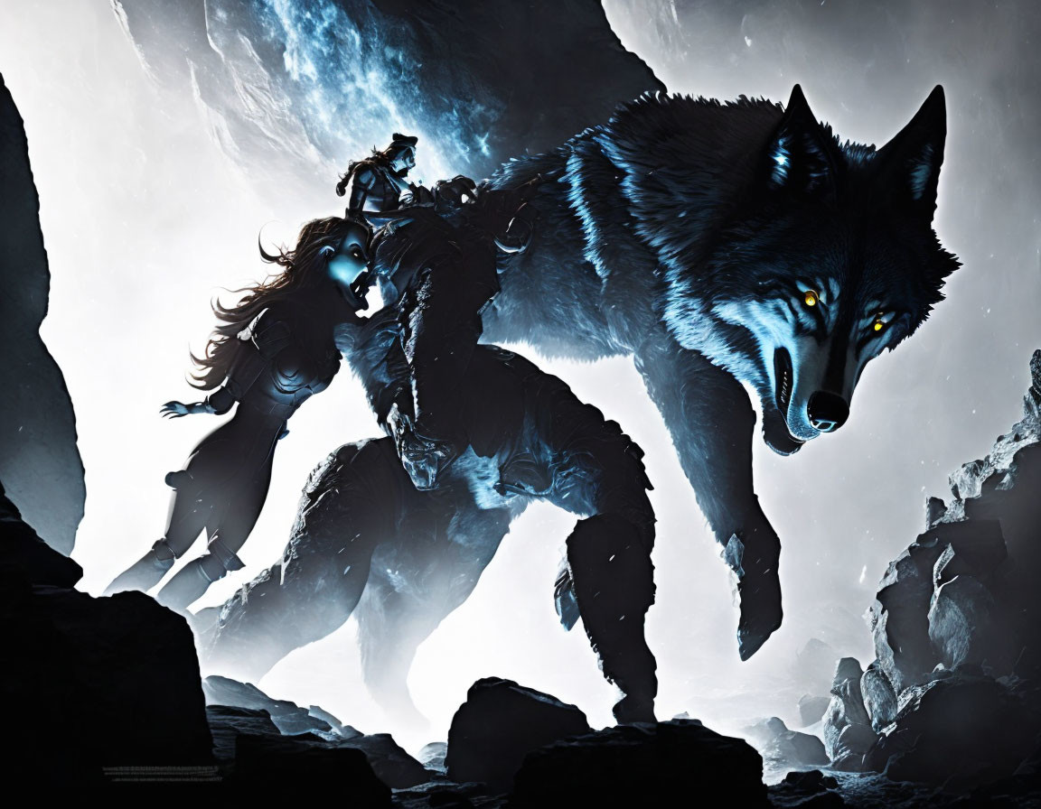 Warrior riding giant wolf in moonlit rocky environment