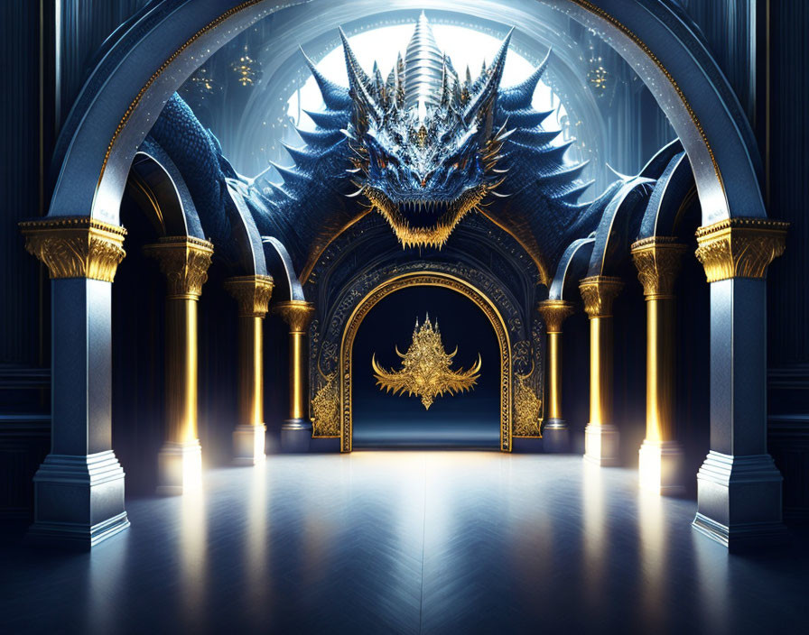 Majestic dragon on throne in opulent hall with blue light