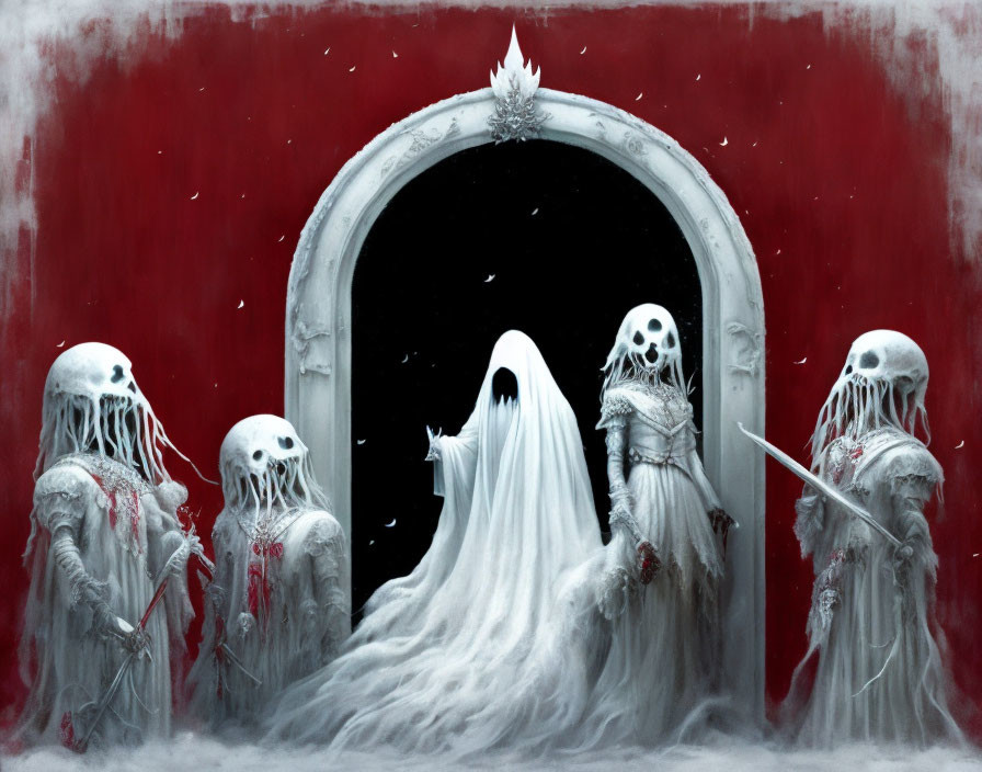 Ghostly figure surrounded by skeletal warriors in gothic setting with red backdrop and white feathers.